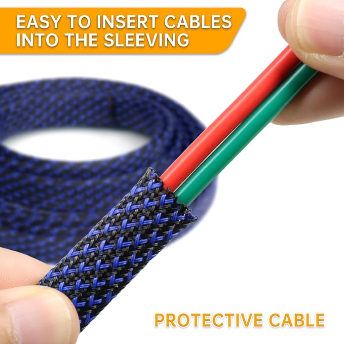 Braided Cable Sleeve, 33ft Expandable Wire Loom for Automotive Wiring Harness & PC Case, Pet-Proof Chew Resistant Cord Protector, Flexible Cable Management (Blue-Black, 4mm (5/32"))