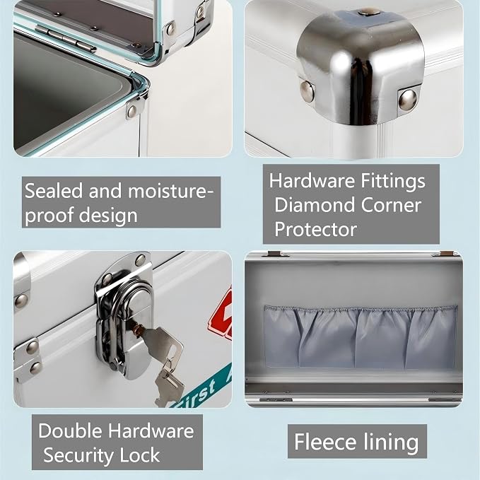 Metal First Aid Box Empty Aluminum Medicine Box Lock with Keys, 12.2 * 7.08 * 7.08” Medium Size Container with Handle, First Aid Kit Box Organizer, Silver