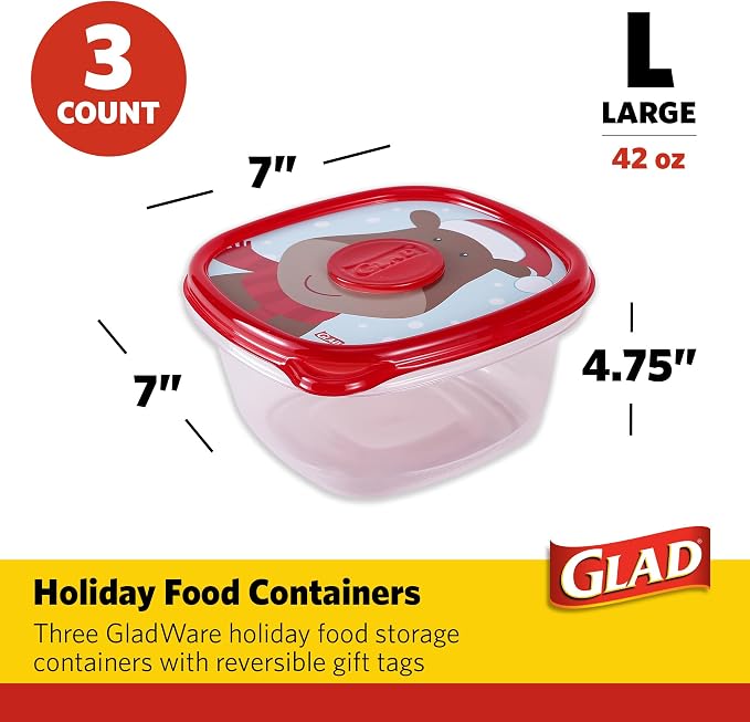 Glad GladWare Holiday Food Storage Containers, Large Square, 42 Oz, 3 Count | BPA-free plastic, reversible gift tags included, microwave, freezer, and dishwasher safe, 42 oz, gifting