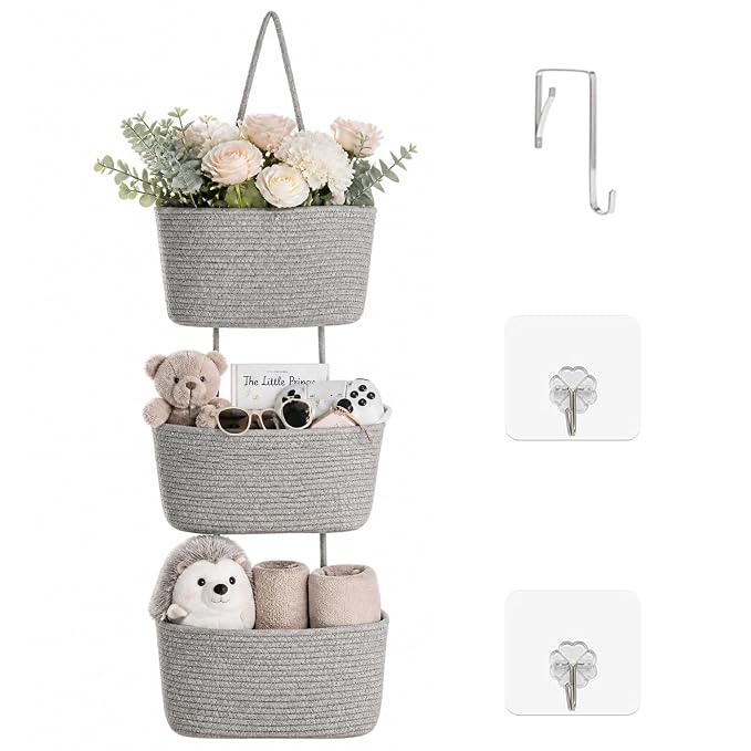 ICERZCZ Hanging Baskets for Organizing, Over the Door Decorative Storage Organizer, Nursery Decor Organization, 3-Tier Wall Basket for Entryway Playroom Bathroom Closet, Light Gray
