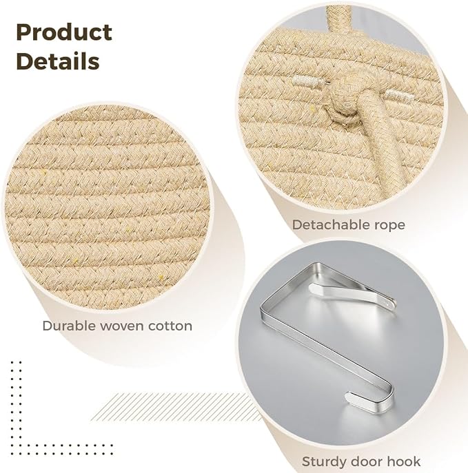 Over the Door Hanging Basket, 3 Tier Cotton Rope Woven Wall Mounted Organizer with Over Door Hook, Detachable Storage Baskets for Living Room, Bedroom, Bathroom, Closet, Home Decor
