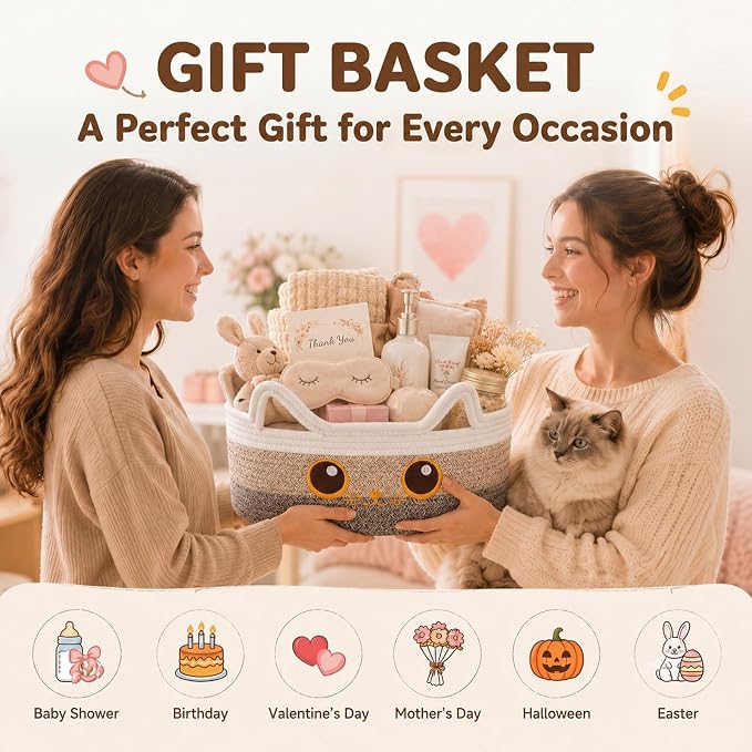 Small Round Cat Toy Basket,Cotton Rope Storage Basket for Living Room,Brown | Cute Decorative Dog Toy Basket, Toy Bin for Baby, Pet, Gift Basket for Halloween, Baby Shower , 13.4"×13.4"×5.9"
