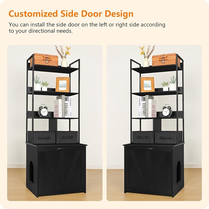 Dwanton Cat Litter Box Enclosure, 3 Storage Shelves and 2 Drawers, 61.8" H | 2-in-1 Hidden Cat Litter Box Enclosure Furniture with Shelf, Metal Frame, Reversible Entrance, Washable Drawers, Black