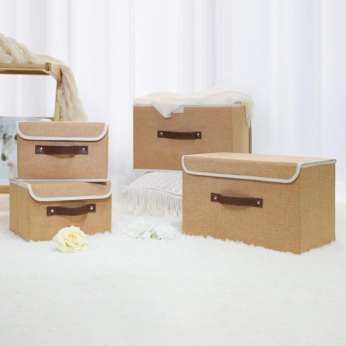 ANMINY Fabric Storage Box Bins with Lids, Khaki, 13"x9"x7.9" | Keepsake Memory Storage, Cotton Linen, PP Board Reinforced, Washable, PU Handles, Foldable & Stackable, Decorative, Medium