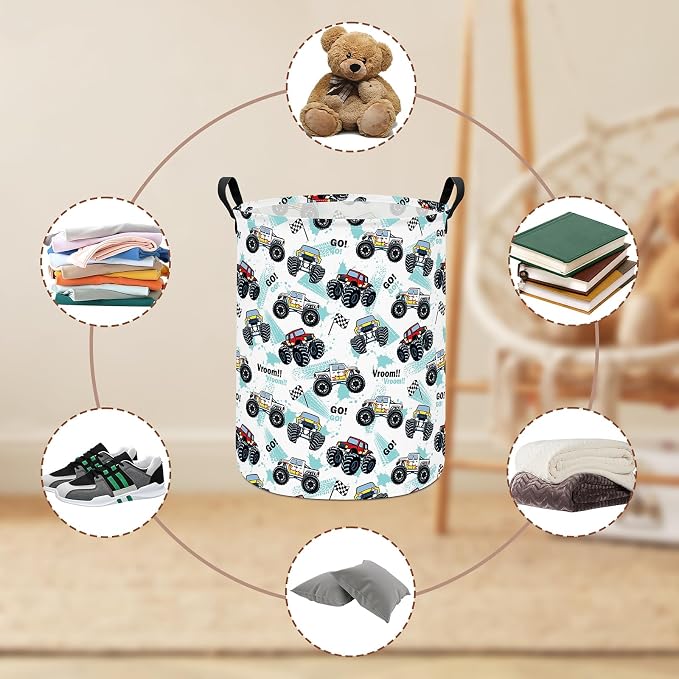 Monster Truck Fabric Storage Bin Nursery Organizer Basket | Organizer Bin Dirty Clothes Collapsible Waterproof for College Dorms, Boys and Girls Bedroom,Bathroom
