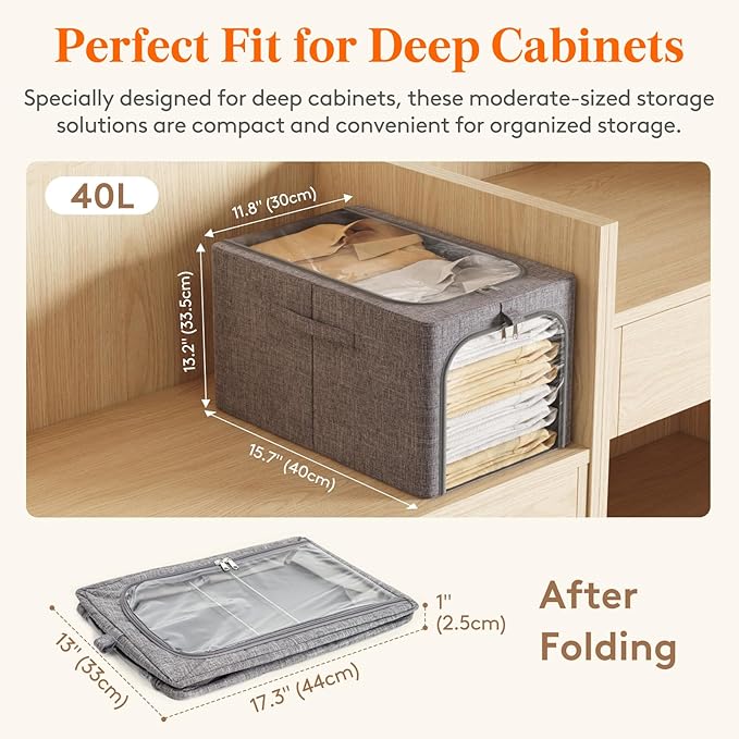 Lifewit Clothes Storage Bins with Metal Frame 3 Pack, Fabric Stackable Storage Bags with Lids, Zipper, Foldable Clost Organizers Containers for Clothing, Blanket, Winter Cloth, 40L