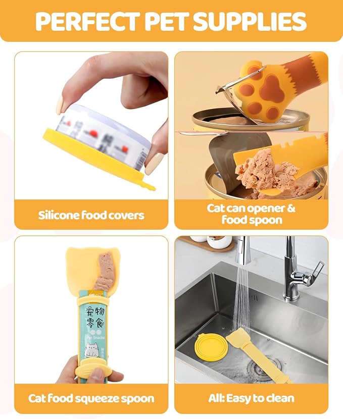 5 PCS Cat Food Can Covers Lids Set, Silicone Pet Food Can Lids with Multi-Function Cat Food Spoon and Opener, Cat Bar Squeezer, Stainless Steel Wet Food Spoon for Cats and Dogs(Yellow)