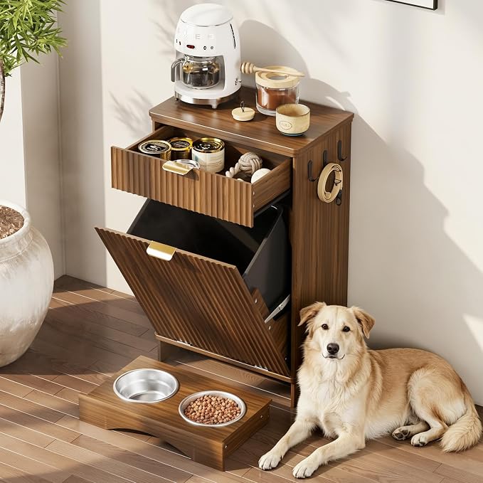 Dog Food Storage Cabinet, Pet Feeding Station with 2 Hidden Bowls, Walnut