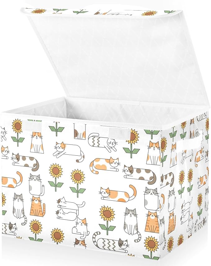 Cat Sunflower Fabric Storage Bins with Lid Foldable Storage Boxes Baskets | Decorative Storage Boxes, Dust-Proof Flip Top, Reinforced Handles, For Home & Bedroom, Clothes & Toy Box, Oxford Fabric Print