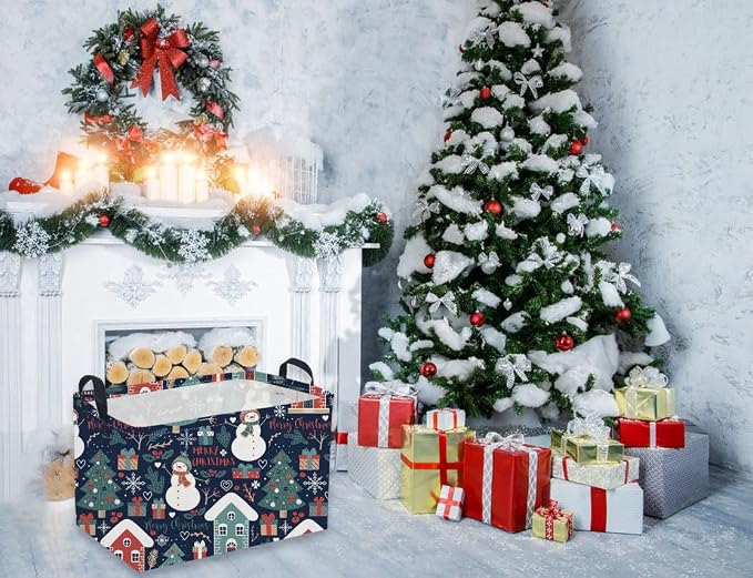 Rectangular Christmas Baskets,Snowman Basket Empty,Waterproof PE Coating Cute Bins for Kids with Handles,Gifts Baskets,Books Bin. (Blue Snowman)