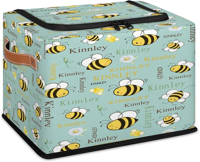 Personalized Name Storage Basket with Zipper Lid, Canvas Storage Bins Toys Clothes Organizer for Bedroom, Kitchen, Bathroom, Shelves, Closets, Cartoon Bee with Daisy Floral Ligth Green