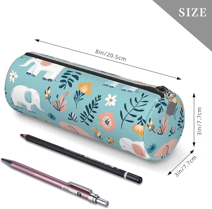 OSAM SPACE Leather Pencil Case Round Pencil Bag Elephants Flowers Leaves Pen Organizer Holder Portable Zipper Pouch Cute School Supplies for Girls Boys Study Office