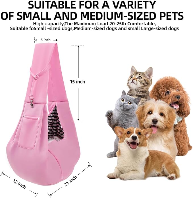 ARZQUT Dog and Cats Carrier Sling, Small Pet Carrier with Storage Pocket | Reversible Puppy Sling Carrier, Safety Buckle, Storage bag, Machine Washable for Travel, Outdoor Activitie, Hand-Free, Pink