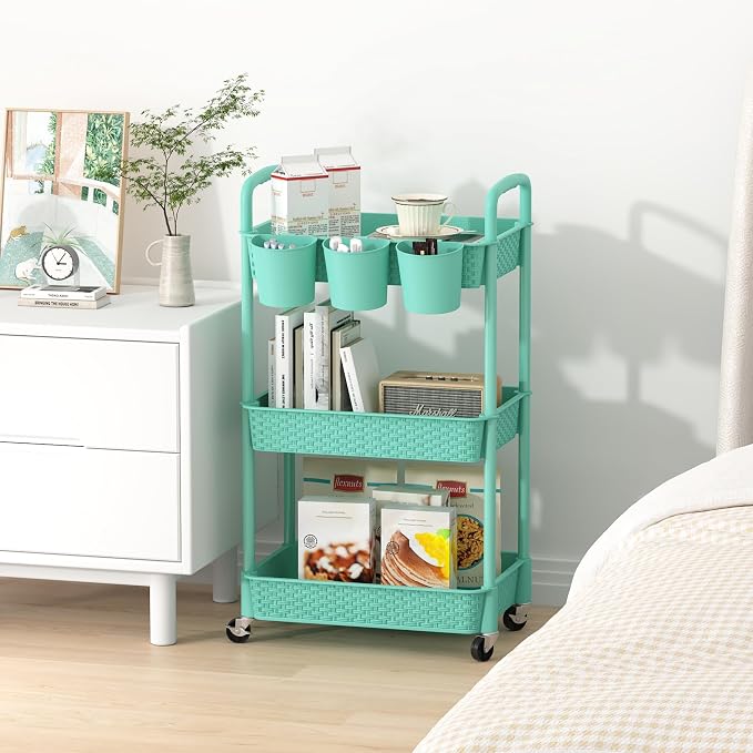 MOYIPIN 3-Tier Plastic Rolling Utility Cart with Handle,Turquoise | Utility Storage Cart for Office, Living Room, Kitchen,Movable Storage Organizer，Easy installation，Rattan-like art design