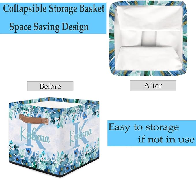 Personalized Name-Initial Blue Flower Storage Baskets for Girls Women, Custom Portable Square Storage Bins with Handles Foldable Organizer for Clothes, Toys, Blanket, Towel,Pet 13”