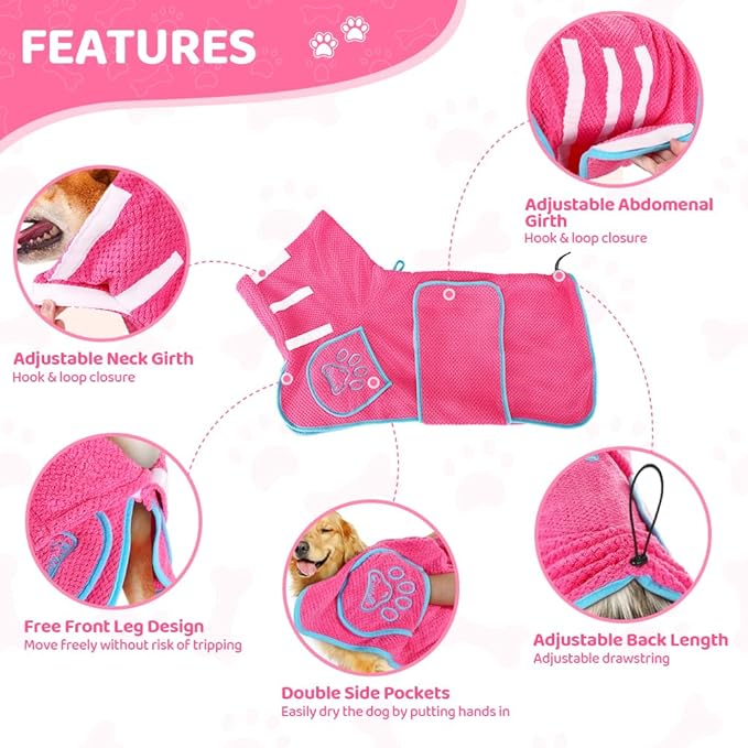 AUTOWT Dog Bathrobe Towel - Super Absorbent Dog Drying Coat, Warming Bath Robes for After Bath Shower Swim Walk for Small Medium Large Dogs Cats Pet