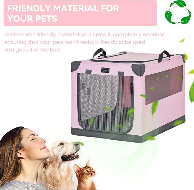 PETSFIT 40" Soft Portable Dog Crate – Patented Spiral Sturdy Frame, Collapsible Travel Kennel for Large Dogs, 3 Mesh Door, Lockable Zippers, Indoor & Car Use Pink