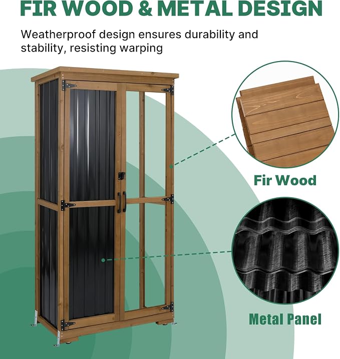 Ketive Outdoor Storage Cabinet, Tall Tool Garden Cabinet with Weather-Resistant Roof, Double Lockable Doors, 3 Removable Shelves & Adjustable Feet, for Patio, Garden, Backyard, 32" x 15.5" x 66"