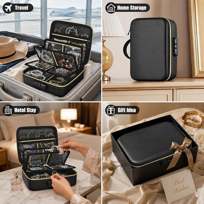 Fireproof Travel Jewelry Organizer Case with Lock & 6 Binder Pages | Silicone-Coated Fiberglass, Tangle-Reducing Layout，Clear Storage Book for Necklaces, Earrings, Rings & Bracelets-Bag Only