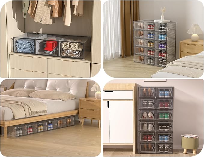 Kuject XX-Large Shoe Storage Boxes 12 Pack, Clear Stackable Shoe Organizer | Shoe Case for Closet, Entryway & Under-Bed Storage, Drop-Front Design, Space-Saving Solution for Family Organization,Black