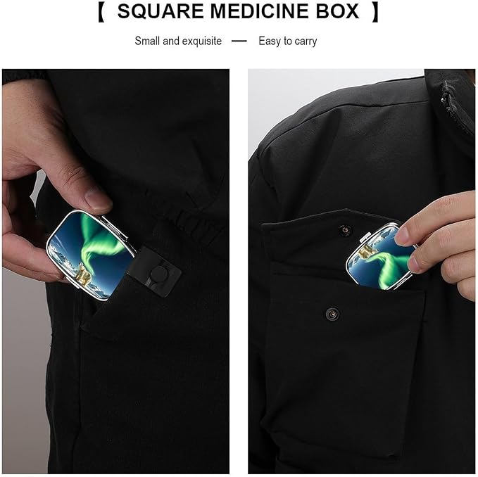 Northern Lights Polar Bear Pill Box 2 Compartment Medicine Pill Case Portable Pill Organizer for Pocket Or Purse Decorative Metal Medicine Vitamin Organizer
