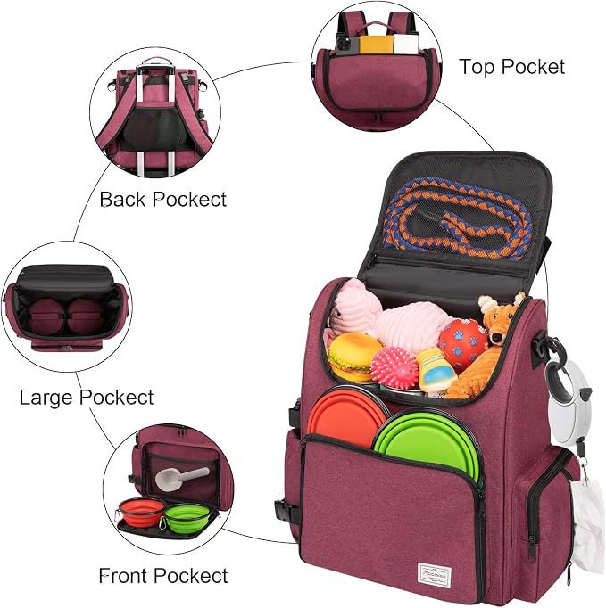Modoker Multi-Compartment Dog Travel Backpack for Pet Supplies, Rose Red | Dog Travel Accessories Organizer with 2 Food Bags, 2 Bowls, Quick-Access Pockets, Tissue Opening, Luggage Sleeve, Feeding Mat