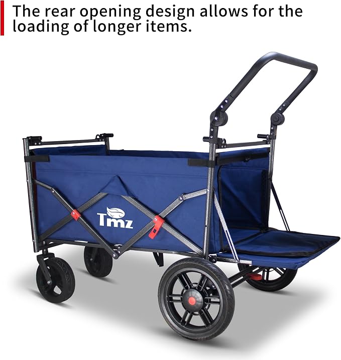 TMZ Collapsible Wagon Cart, Folding Utility Wagon with Breathable Fabric, Canopy, Expandable Storage, Adjustable Handle, Brake, Heavy Duty Cart for Walking & Camping (Blue)