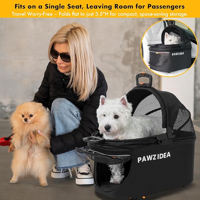 PAWZIDEA Portable Small Dog Crate for Car Travel Up to 33lbs, No-Zip Canopy | Enclosed Dog Car Seat Escape-Proof, Soft-Sided Small Medium Puppy Cats Car Kennel, Foldable Pet Carrier by Seatbelt, Top-Load
