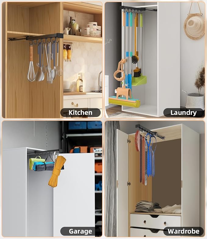 Pull Out Broom Holder With Adjustable Double Row Sliding Hook-Black 14.17in | High Load Capacity, Multifunctional Slide Broom And Mop Storage/Garage Organization Hooks, for Closet Laundry, kitchens
