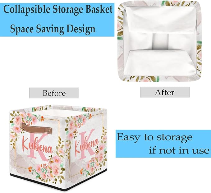 Personalized Name-Initial Pink Flower Storage Baskets for Girls Kids, Custom Portable Square Storage Bins with Handles Foldable Organizer for Clothes, Toys, Blanket, Towel,Pet 13”