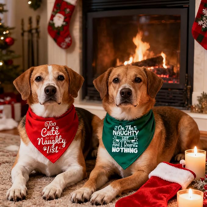 Christmas Dog Bandanas Naughty & Nice Idea Funny Holiday Stocking Pet Scarf Gifts - On the Naughty List and I Regret Nothing, Solid Green, Medium & Large Breed, 25-75lbs