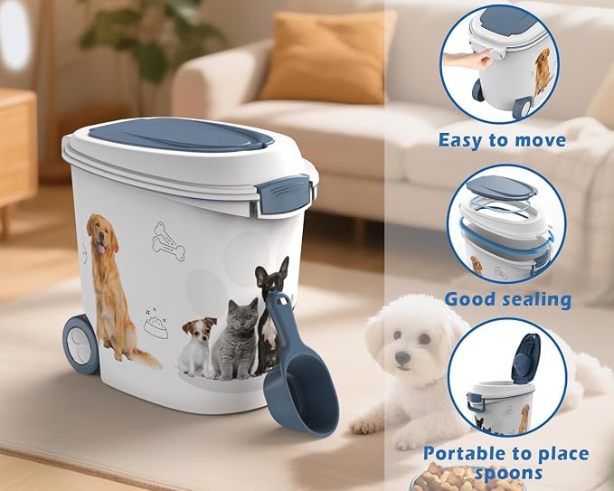 DRATO Pet Food Storage Container with Wheels 30LB Capacity | Resin, Slow Feeder Bowl and Scoop, Easy to Move, Keep Food Fresh, For Dogs, Cats, Birds