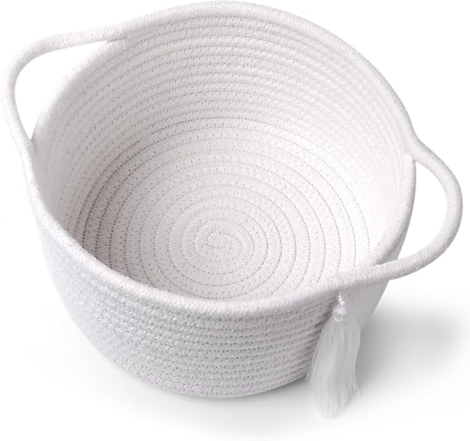 Small Gift Basket Empty to Fill with Gifts Bag & Ribbon, White | Cute Decorative Mini Woven Rope Basket with Handles for Gifting; Reusable for Bathroom Counter or Desk Catchall, 8 x 4.7 in