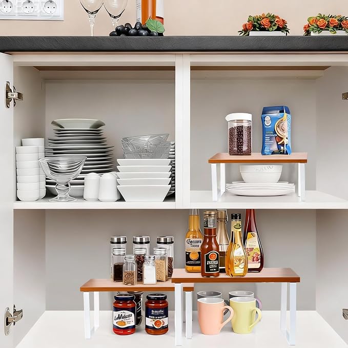 2 Pack Expandable Cabinet Shelf, Wood & Metal Warm Bamboo | 2pack expandable cabinet shelf organizer 11.8-23.2 wood&metal 35lbs natural kitchen pantry spice rack stackable