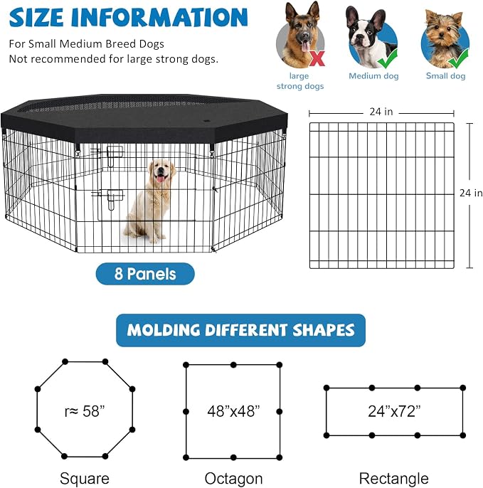 Peekaboo DogPlaypen 24 in-8 Panel Metal Rustproof Pet Fence with Top Cover | 24 Inch 8 Panel Foldable Rustproof Black Metal Dog Playpen with Octagonal Top Cover