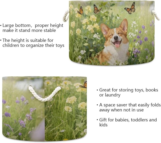 Joyful Corgi Dog Collapsible Round Storage Basket with Handles | Butterfly Floral Large Laundry Baskets Hamper, Clothes Organizer Bin for Nursery Bedroom Living Room Decor, 20x 20x 14 Inches