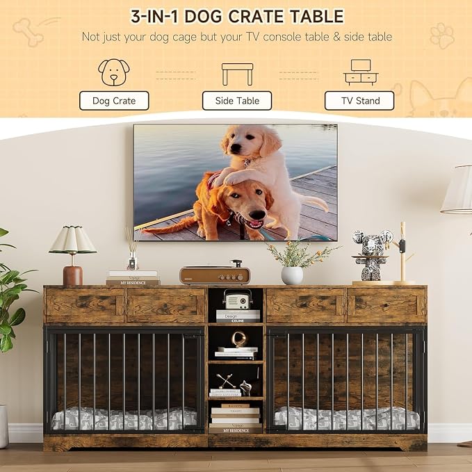 GarveeHome 82" Double Dog Crate Furniture with Drawers and Shelves, Brown | Heavy Duty Wooden Dog Crate TV Stand, Large Dog Kennel Indoor for 2 Medium/Large Dogs