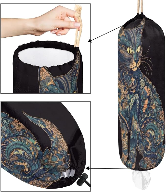 Cat Pattern Plastic Bag Holder Washable Grocery Bag Storage Dispenser Reusable Hanging Shopping Bags Carrier Wall Mount Plastic Bag Organizer for Home Kitchen Decor