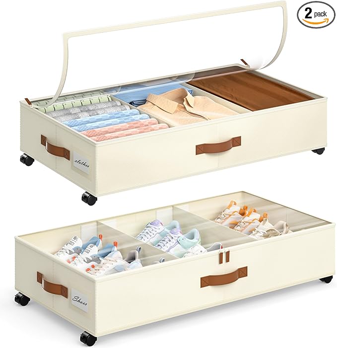 Yecaye Under Bed Storage with Wheels, 2 Pack Under Bed Storage Containers with Adjustable Dividers & Clear Lid, Rolling Underbed Organizer Bins Drawer for Clothes, Shoes, Blankets(30.3 x 16 x 6.7in)