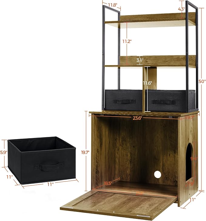 Dwanton Cat Litter Box Enclosure, 2 Storage Shelves and 2 Drawers, 50" H | 2-in-1 Hidden Cat Litter Box Enclosure Furniture with Shelf, Metal Frame, Reversible Entrance, Washable Drawers, Warm Brown