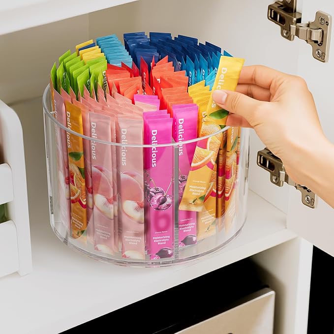 2-Pack Divided Drink Packet Organizer, Rotating Turntable Organizer | Spinning Powdered Drink Mix Holder, Clear Lazy Susan Turntable, Divided Water Drink Packet Storage Organizer