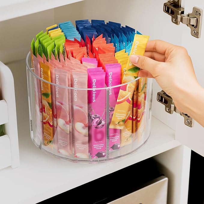 Divided Drink Packet Organizer, Rotating Turntable Organizer, Lazy Susan | Clear Lazy Susan, Water Drink Packet Holder, Rotating Storage Organizer for Powdered Drink Mix, Water Drink Packet Holder