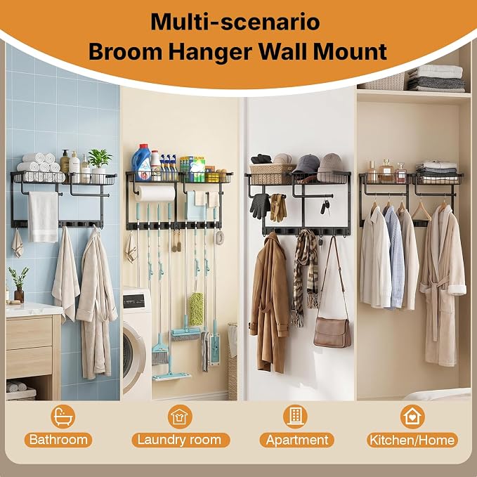 Broom Holder Wall Mount with Paper Towel Holder& Removable Anti-fall Basket | Broom and Mop Organizer Wall Mount Cleaning Supplies Organizer for Laundry Room, Apartment, Utility Room
