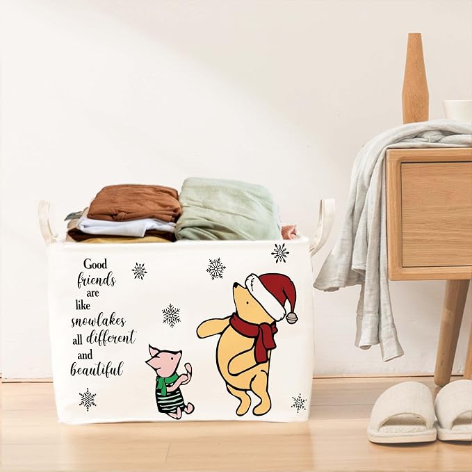 Winnie Theme Christmas Nursery Decor,the Pooh Christmas Gift,Large Canvas Laundry,Hamper Winnie Baby Stuff with A Waterproof PE Coating,Foldable Toys Bin