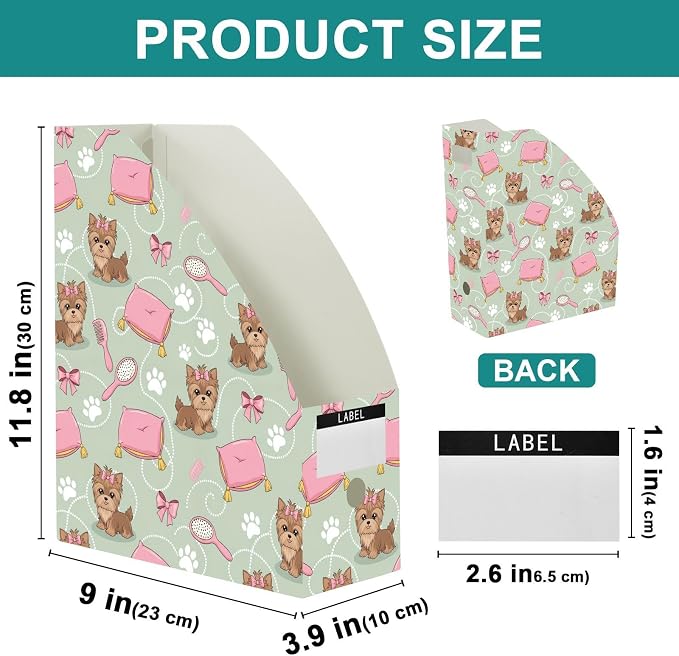 SPRIPORT Pet Dog Bow Green Print Water Repellent PP Magazine File Holder Organizer for Desk, Foldable Storage Rack for Library Office School Document Sorter with Labels 23x30x10cm (3 Pack)