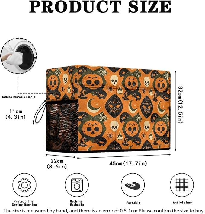 Sewing Machine Cover,Halloween Skull Pumpkin Print,Orange | Dust & Pet Hair Protection,Fits Standard Singer, Brother and Janome Machines, Protecting & Decorating Your Sewing Space