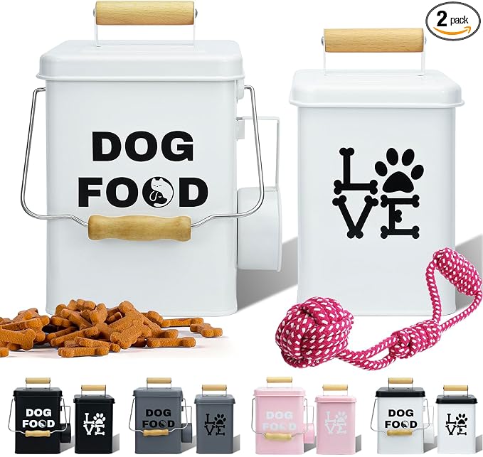 Dog Food Storage Container Set of 2 Dog Treat Container with Airtight Lids Dog Treat Jar with Scoop Metal Dog Food Holder with Wooden Handles for Kitchen Counter and Pantry Home Decor - Beige