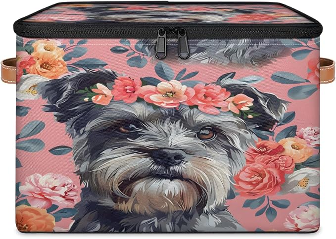 Cute Dogs Floral Storage Box with Zipper Lid