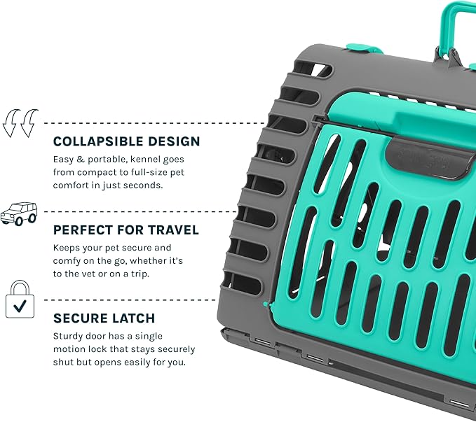 SportPet X-Large Hard-Sided Travel Cat Carrier - Cat Carrier with Patented Wide Side-Opening Door, Foldable Portable Pet Carrier for Cats & Small Pets up to 35lbs - Dark Gray/Teal