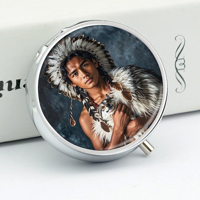 3 Compartment Medicine Pill Case, Indigenous People and Wolves Round Pill Box, Portable Decorative Medicine Organizer for Pocket Or Purse Vitamin Organize